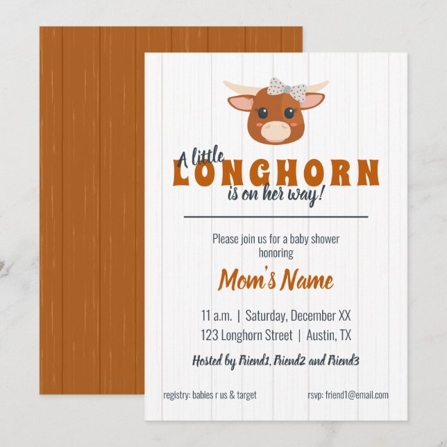 Convites Baby Girl Longhorn Burnt Orange Chá de fraldas (Frente/Verso)