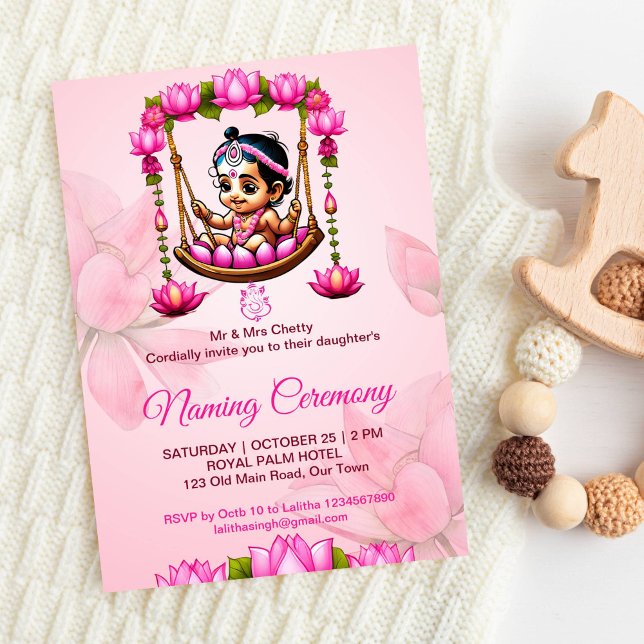 Convites Baby Girl Naming Namkaran Cradle Ceremony (Pink lotus baby girl namkaran cradle ceremony Indian baby naming editable template invitation)