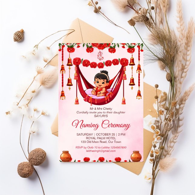 Convites Baby Girl Naming Namkaran Cradle Ceremony (Baby Girl Naming Namkaran Cradle Ceremony editable template Invitation cute Indian baby red and gold)