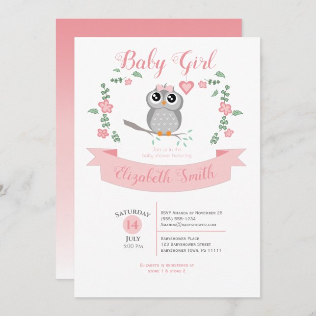 Convites Baby Girl owl bear babyshower (Frente/Verso)