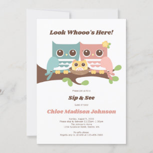 Convites Baby Girl Owl Sip and See Chá Invitation