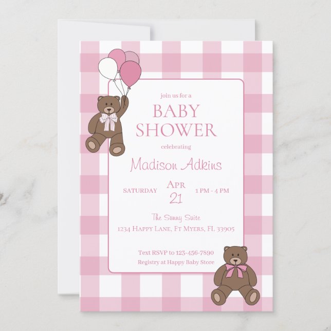 Convites Baby Girl Pink and White Teddy Bear Baby Shower (Frente)