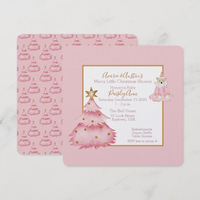 Convites Baby Girl Pink White Christmas Tree Chá (Frente/Verso)