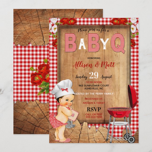 Convites Baby Girl Red Gingham Wood Flowers Baby Q Barbecue (Frente/Verso)
