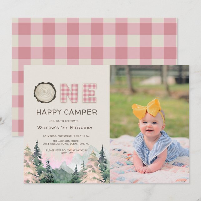 Convites Baby Girl Rustic One Happy Camper Birday (Frente/Verso)