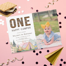 Convites Baby Girl Rustic One Happy Camper Birday