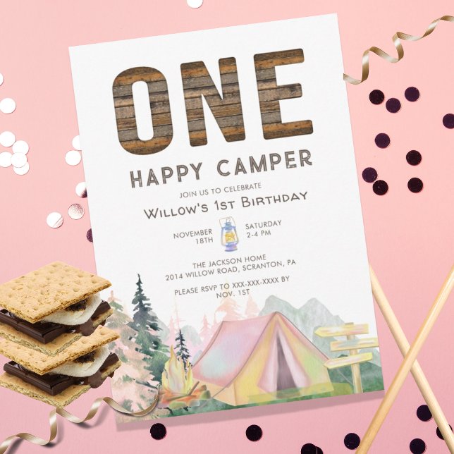Convites Baby Girl Rustic One Happy Camper Birday (Criador carregado)