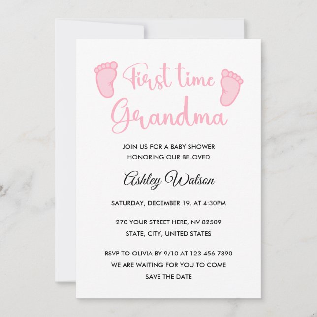 Convites Baby Girl Shower First Time Grandma (Frente)