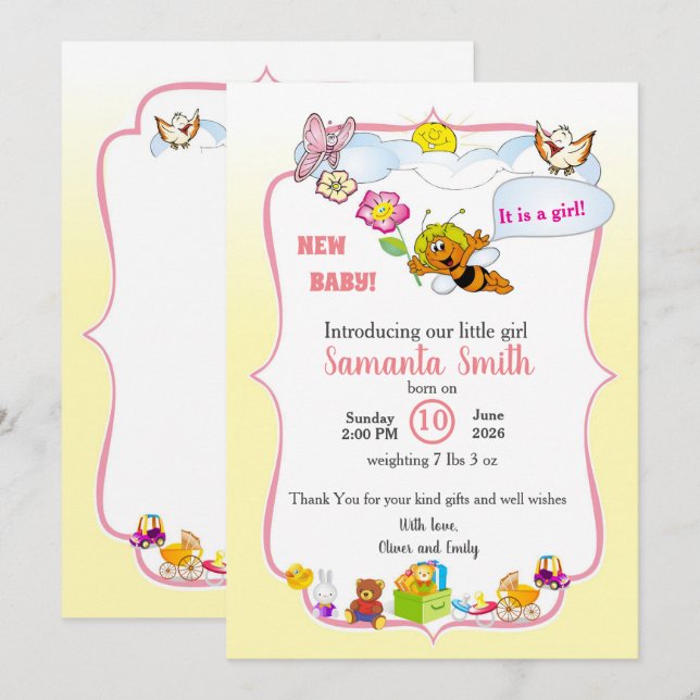 Convites baby girl shower invitation with a cute bee (Frente/Verso)