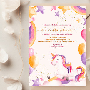 Convites Baby Girl Unicorn Dourado Chá de fraldas brilhante