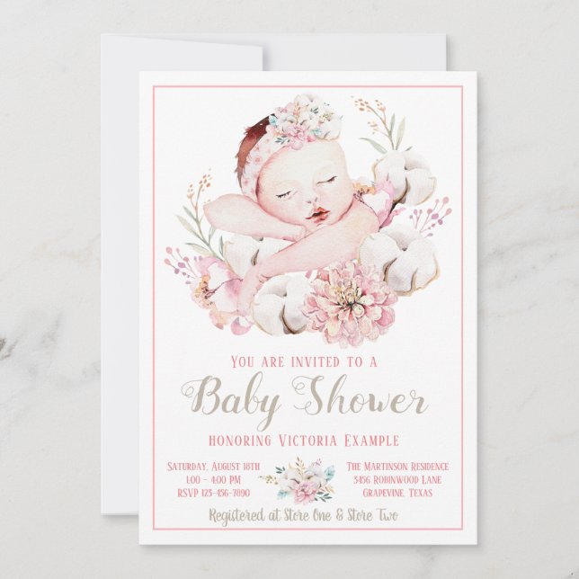 Convites Baby Girl Watercolor Baby Shower (Frente)