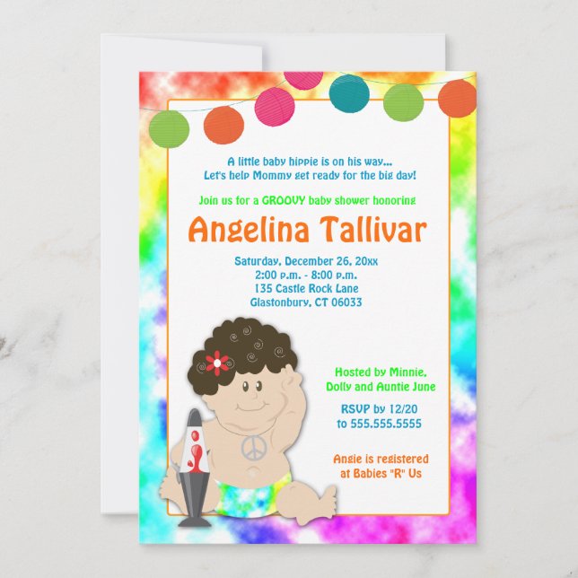 Convites Baby Hippie 60s 70s Groovy Chá de fraldas (Frente)