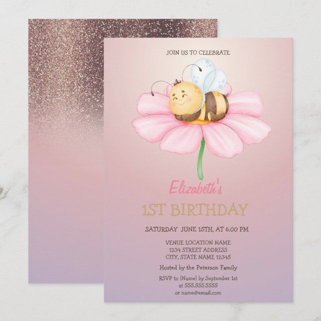 Convites Baby Honey Bee Glitter Birthday (Frente/Verso)