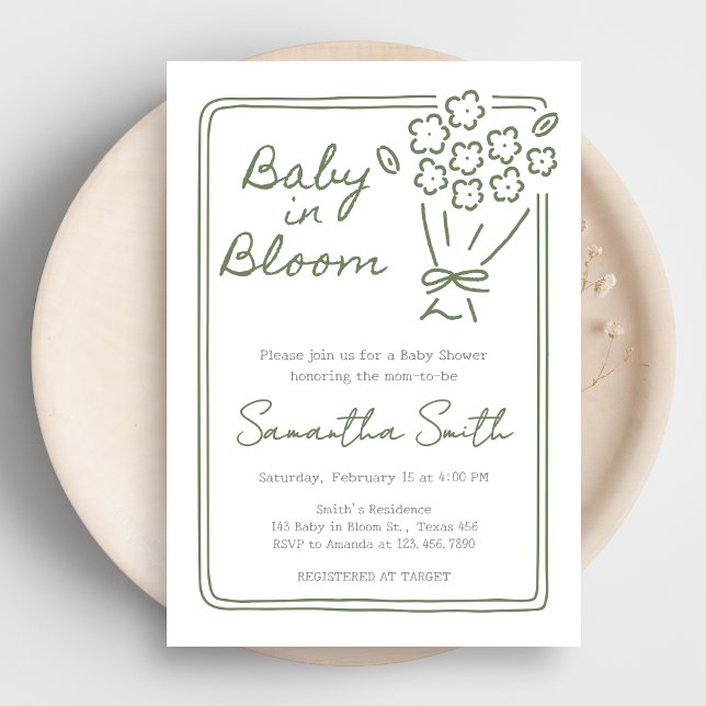 Convites Baby In Bloom Baby Shower (Green Hand Drawn Baby in Bloom Baby Shower Invitation)