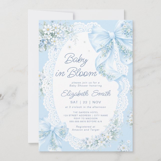 Convites Baby in Bloom Blue Bow Floral Boy Baby Shower (Frente)