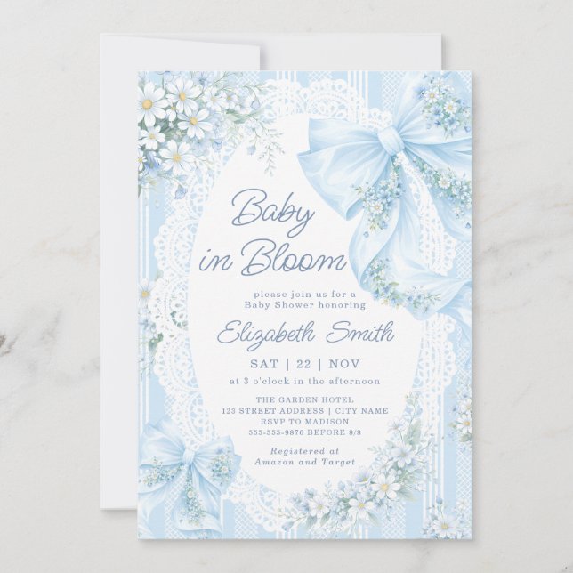 Convites Baby in Bloom Blue Bow Floral Lace Baby Shower (Frente)