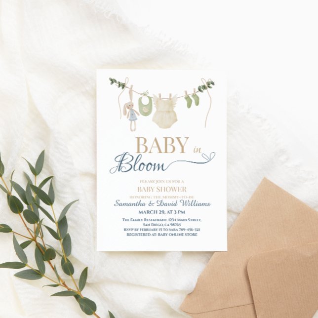 Convites Baby in Bloom Blue Greenery Clothesline Botanical  (Criador carregado)