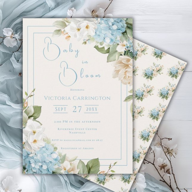 Convites Baby in Bloom Blue Hydrangea Shower Invitation (Criador carregado)