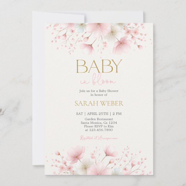 Convites Baby in Bloom Blush Wildflower Baby Shower Girl (Frente)