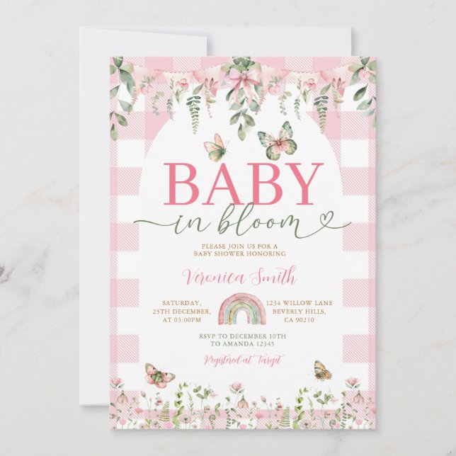 Convites Baby in Bloom Butterfly Pink Bow Baby Shower (Frente)