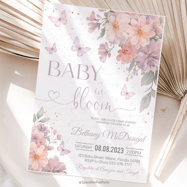Convites Baby in Bloom Butterfly Wildflower Baby Shower  (Babby in Bloom Butterfly Baby Shower Invitation  Pink Purple Butterflies Wildflower Garden )