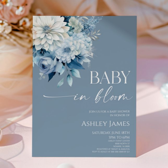 Convites Baby In Bloom Dusty Blue Floral Baby Shower (Criador carregado)