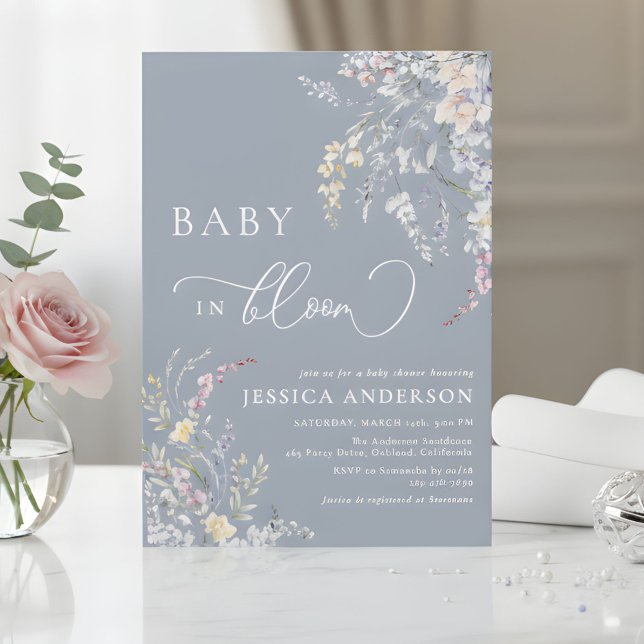Convites Baby In Bloom Dusty Blue Wildflower Baby Shower  (Criador carregado)