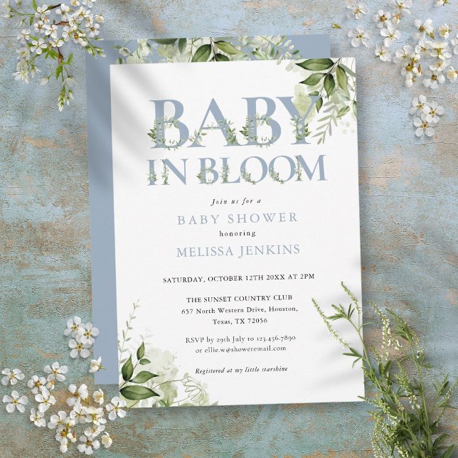 Convites Baby In Bloom em Azul Empoeirado e Verdor Chá de B (Baby In Bloom Dusty Blue Greenery Baby Shower Invitation)