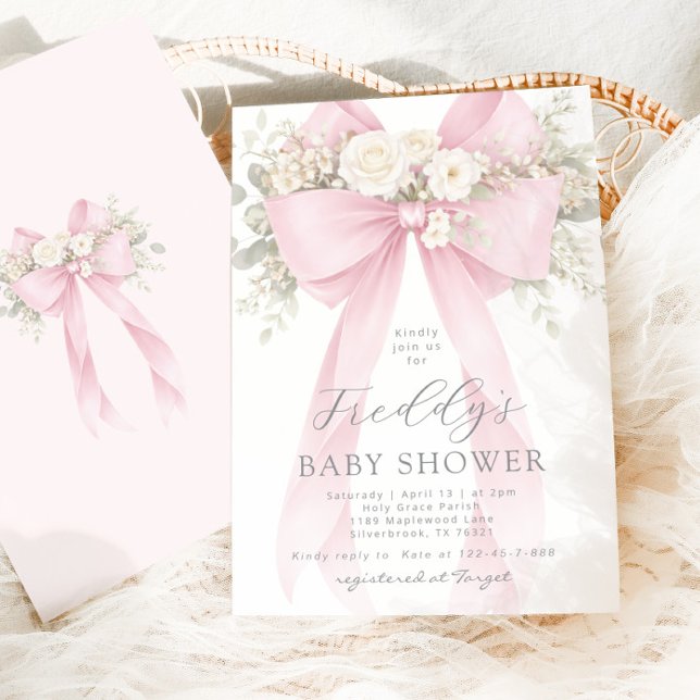 Convites Baby in Bloom Floral Pink Bow Baby Shower (Criador carregado)