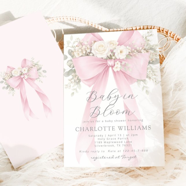 Convites Baby in Bloom Floral Pink Bow Baby Shower (Criador carregado)