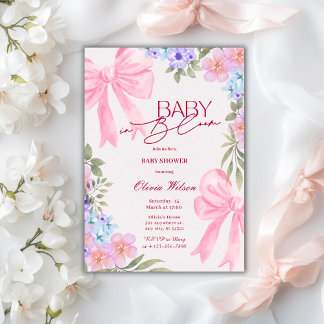 Convites Baby in Bloom Floral Pink Bow girl baby Shower