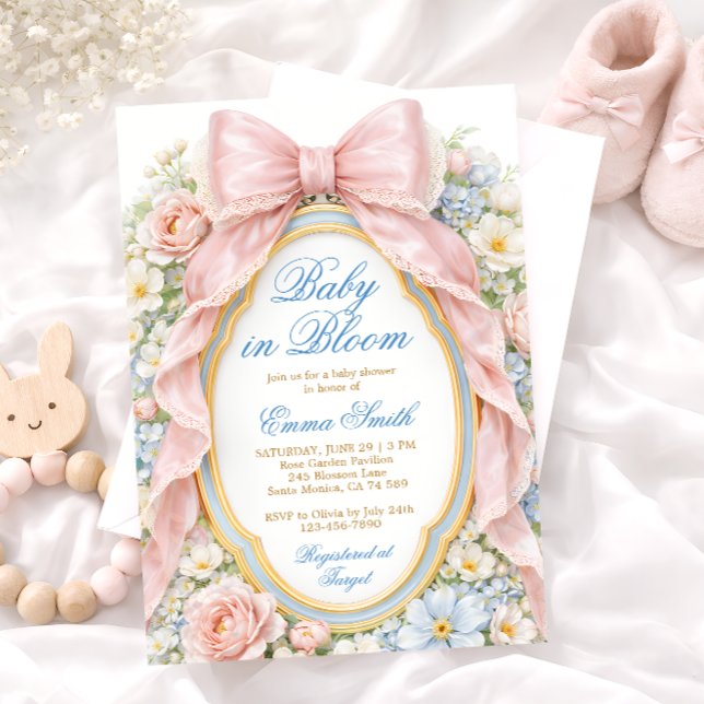 Convites Baby in Bloom Pink Bow Floral Baby Shower (Criador carregado)