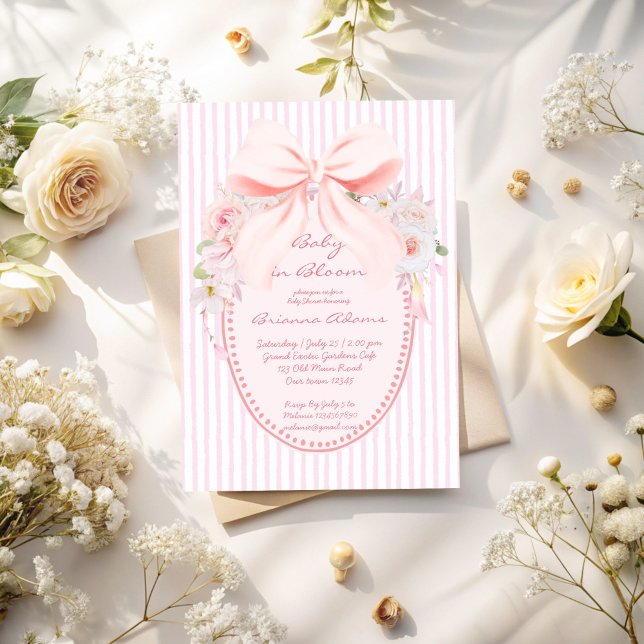 Convites Baby in bloom retro preppy bow baby shower (Baby in bloom retro pink stripes preppy bow girls baby shower invitation cards template)