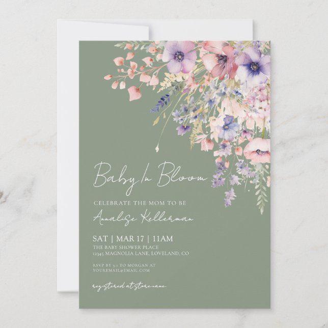 Convites Baby In Bloom Sage Green Baby Shower (Frente)