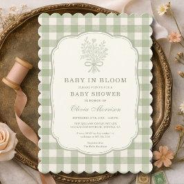 Convites Baby in Bloom Sage Green Gingham Baby Shower