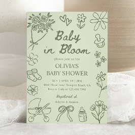 Convites Baby in Bloom Sage Green Hand Drawn Baby Shower