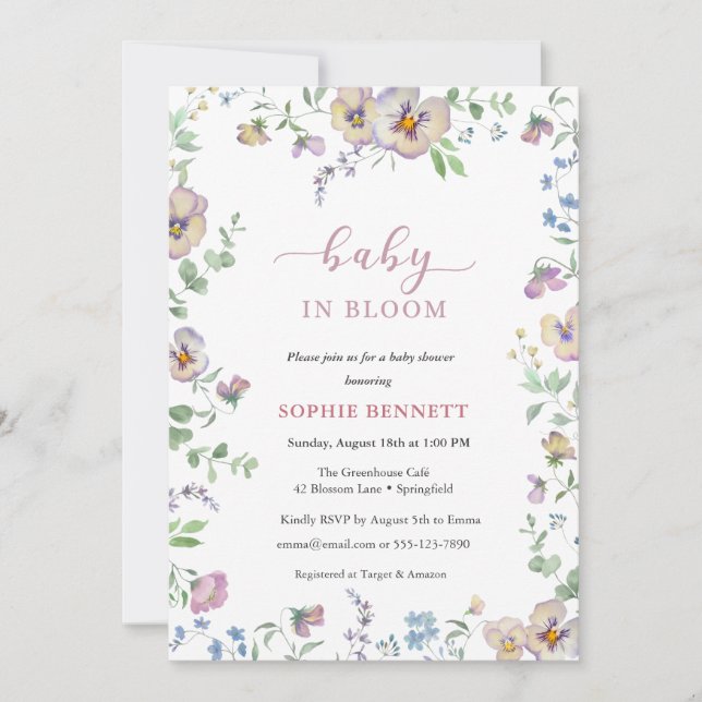 Convites Baby in Bloom Watercolor  floral  Viola Invitation (Frente)