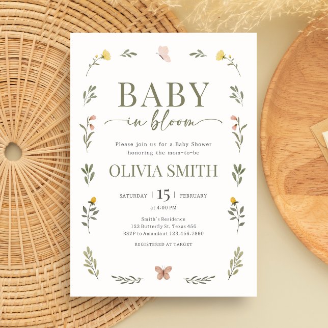 Convites Baby in Bloom Wildflower Baby Shower (Minimalist Baby in Bloom Baby Shower Invitation)