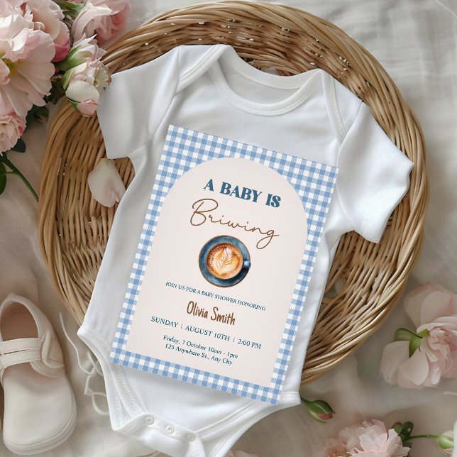 Convites Baby is Brewing Coffee Baby Shower Blue Gingham  (Criador carregado)