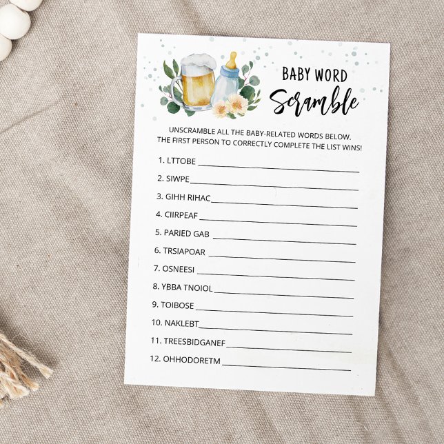 Convites  Baby Is Brewing Word Scramble Baby Shower Card (Beer Sage Green Baby Shower Baby Word Scramle Game)