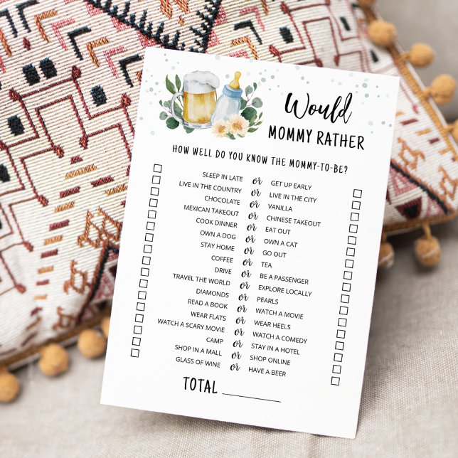 Convites Baby Is Brewing Would Mommy Rather Game Card (Beer Sage Green Baby Shower Would Mommy Rather Game)