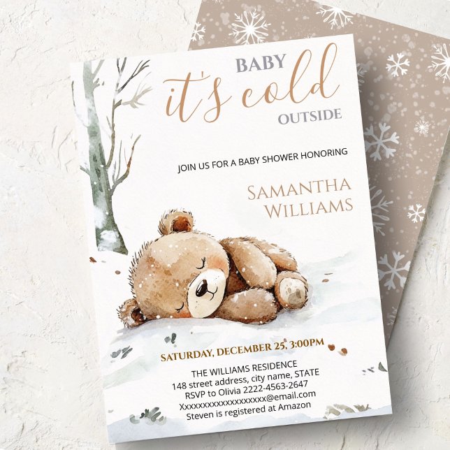 Convites Baby It’s Cold Outside bear Baby Shower Invitation (Cute bear watercolor baby shower invitation “Baby It’s Cold Outside” )