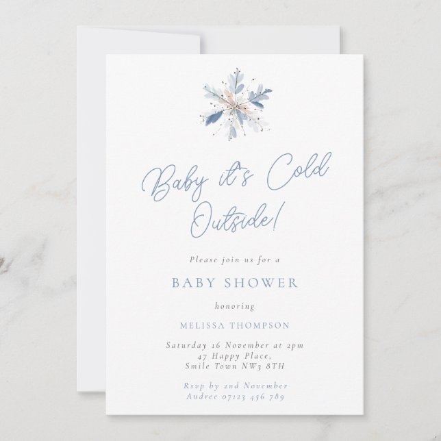 Convites Baby It's Cold Blue & White Snowflake Baby Shower (Frente)
