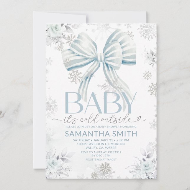Convites Baby It's Cold Outside Blue Bow Winter Baby Shower (Frente)