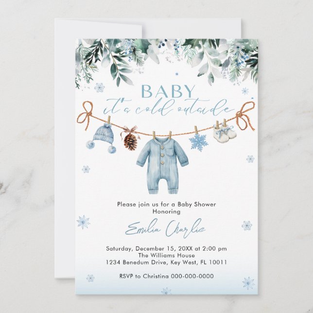 Convites Baby it's Cold Outside Blue Clothes  Baby Shower  (Frente)