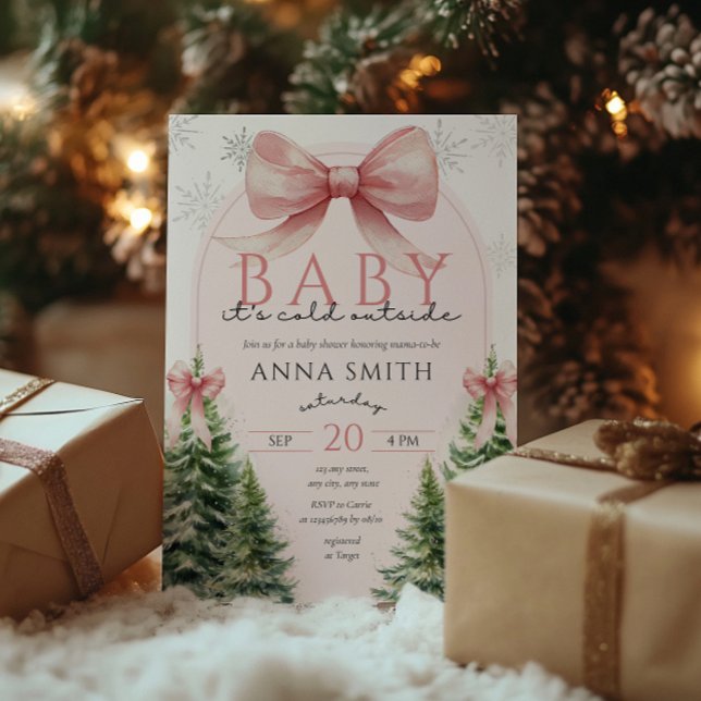 Convites Baby It's Cold Outside Pink Christmas Winter Girl (Baby It's cold outside baby shower invitation christmas, winter wonderland, girl pink bow coquette)