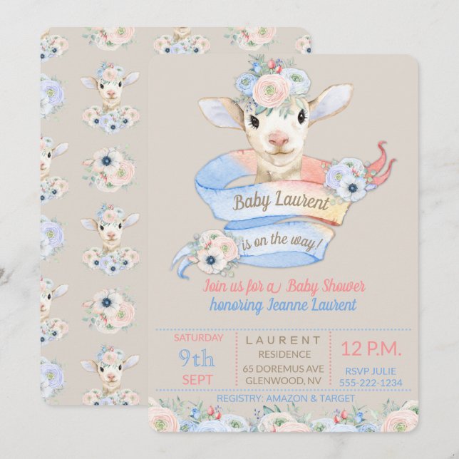 Convites Baby Lamb Azul Cor-de-rosa Sexo Revolução Neutra (Frente/Verso)