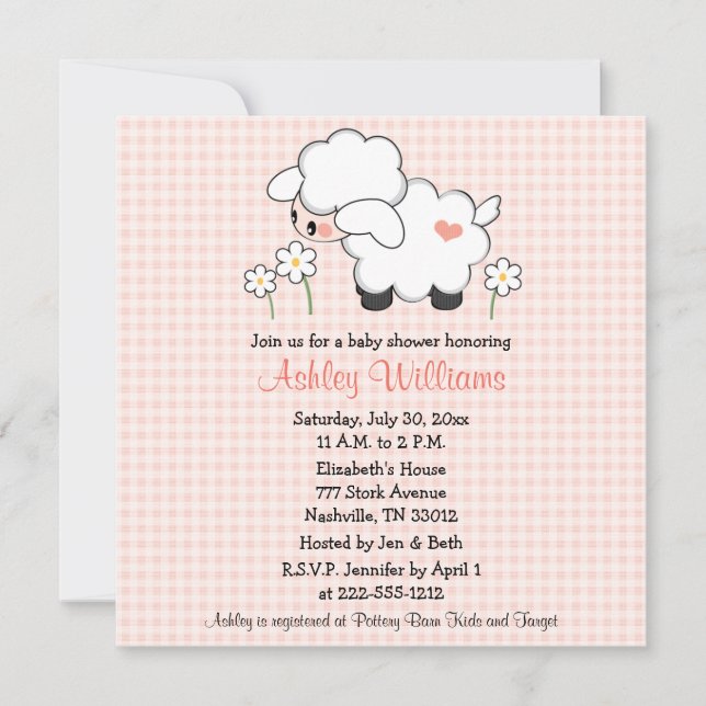Convites Baby Lamb Baby Shower Invasões Rosa Gingham (Frente)