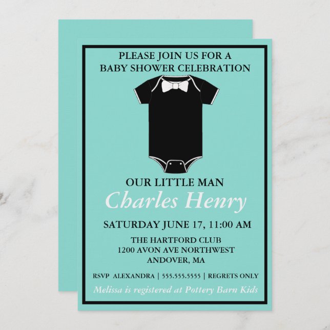 Convites BABY Little Man Tuxedo Sprinkle Party - Chá (Frente/Verso)