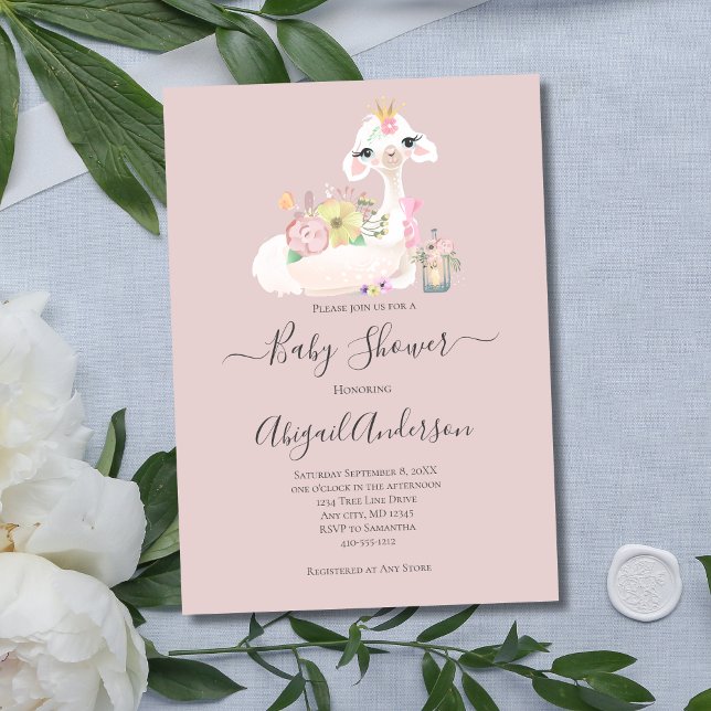 Convites Baby Llama White Pink Flowers Chá de fraldas (Llama Pink White Baby Shower Invitation)